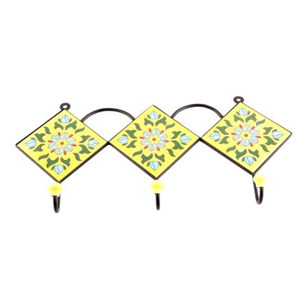 Yellow And Forest Green Leaf Ceramic Floral Tiles Hooks